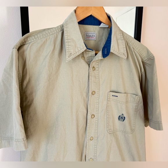 Vintage 90s Bugle Boy khaki cream tan button down short sleeve shirt earth tones - Picture 2 of 11